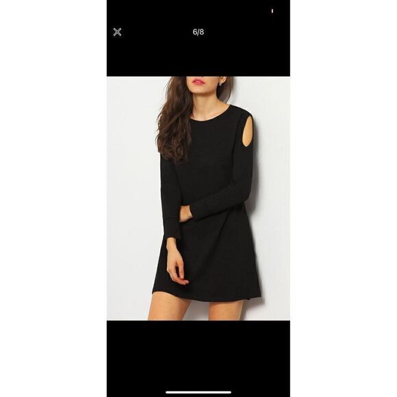 Cold shoulder Round neck 3/4 sleeve black A-line dress - Picture 1 of 4